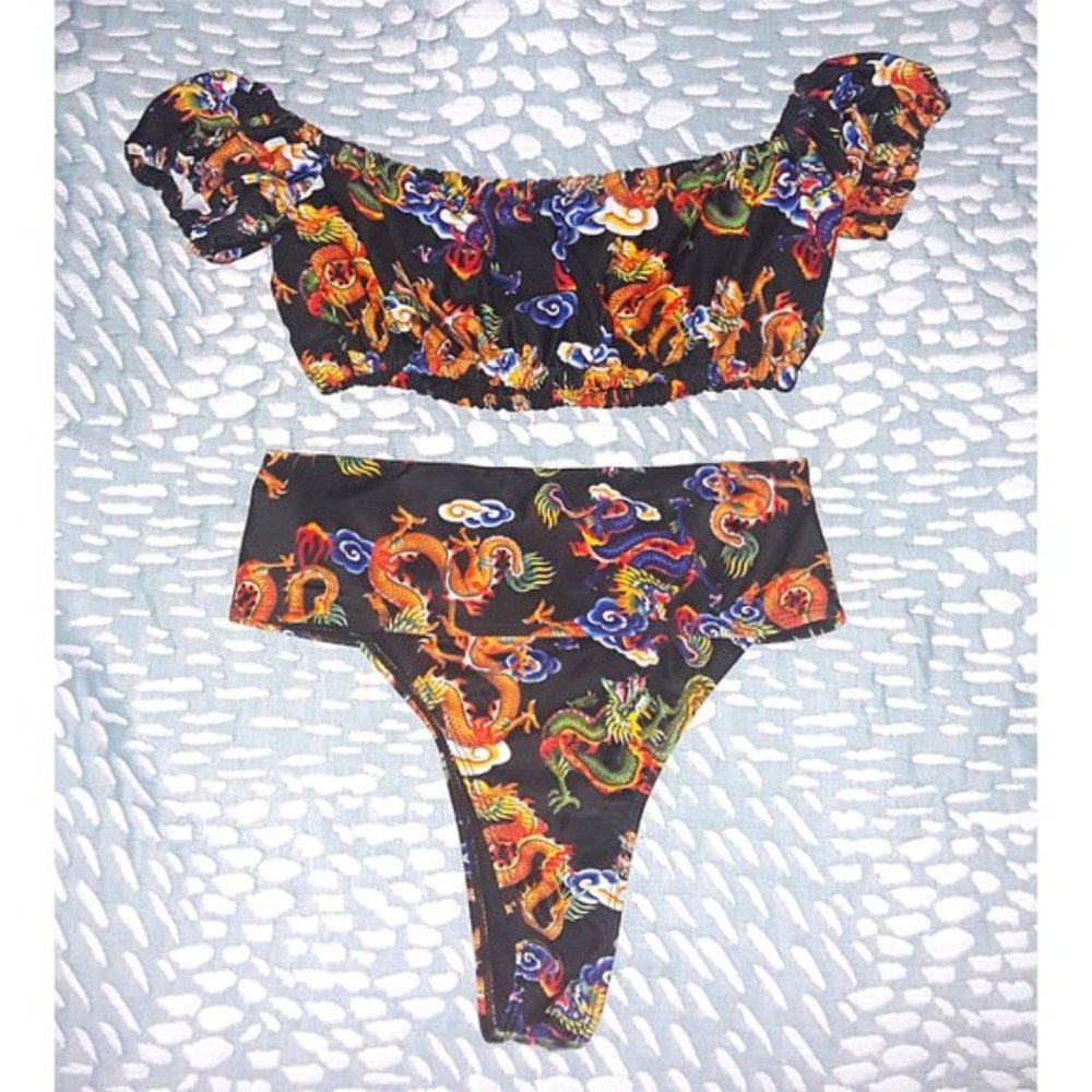 NWOT SHEIN Black Dragon Print Off-Shoulder Ring Detail High Waisted Bikini Set - Picture 9 of 13